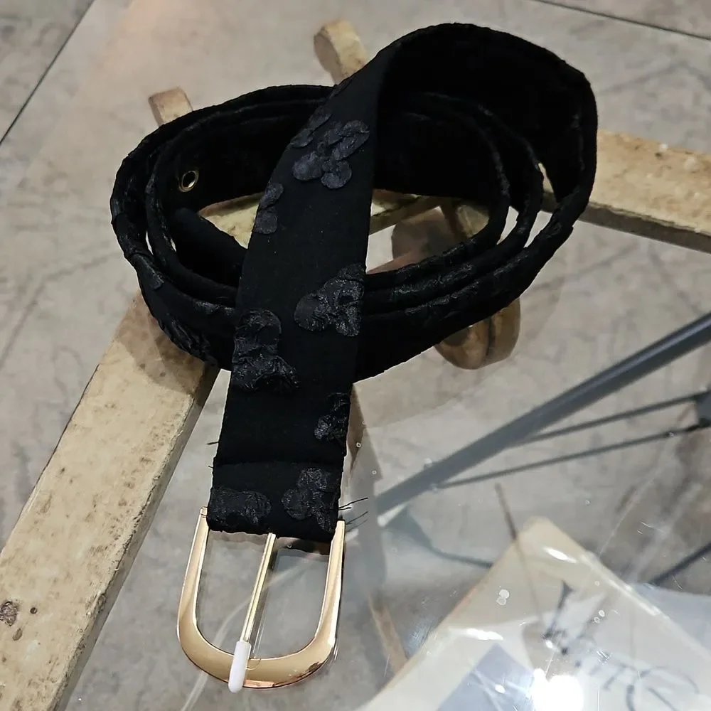 Elegant Black Floral Textured Fabric Belt with Gold Accents
